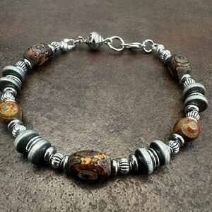 Silver and Brown Tibetan Agate Beaded Bracelet